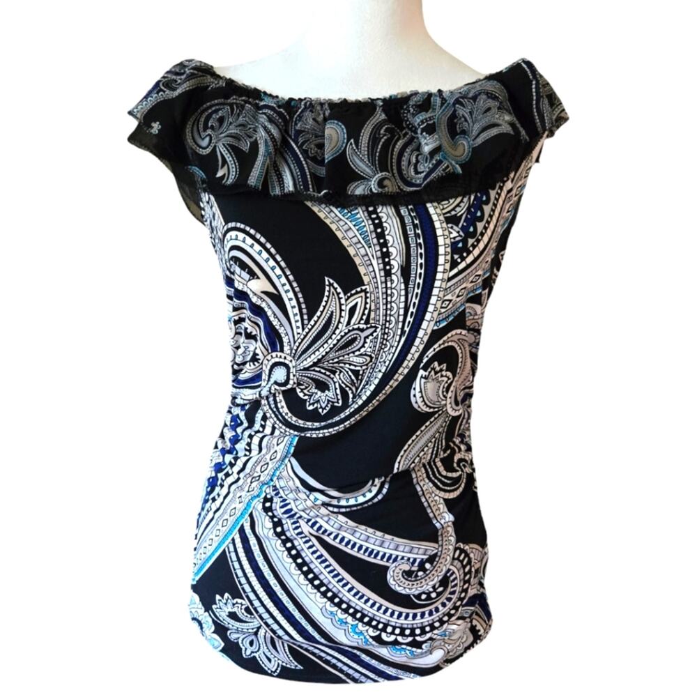 White House Black Market Black Paisley Scoop Neck Tank Top Blouse Small